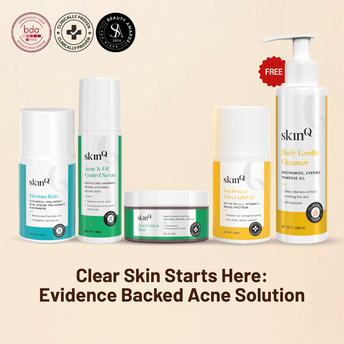 Acne Control Kit With Daily Gentle Cleanser | Acne Prone Skin Kit For Men and Women | Moisture Balm, Acne Serum, Acne Control Mask, and Sunscreen Gel