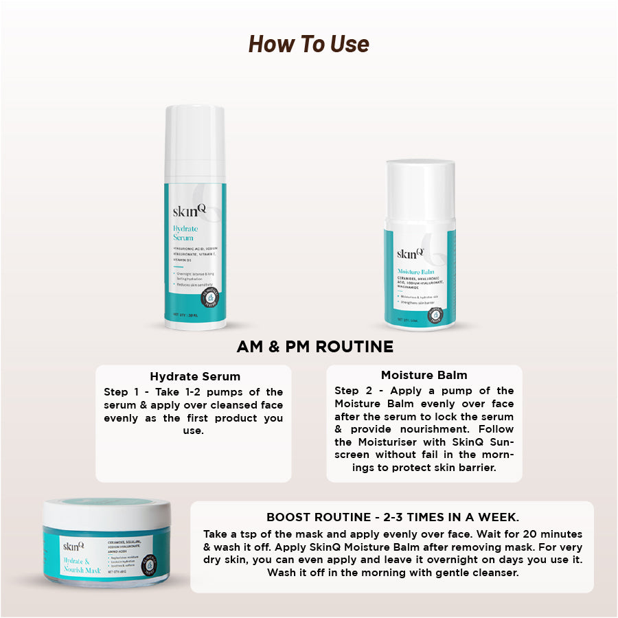 Dry Skin Care Combo | Gentle Dry Skincare Product Formula | Hydrate Serum, Hydrate & Nourish Mask, Moisture Balm